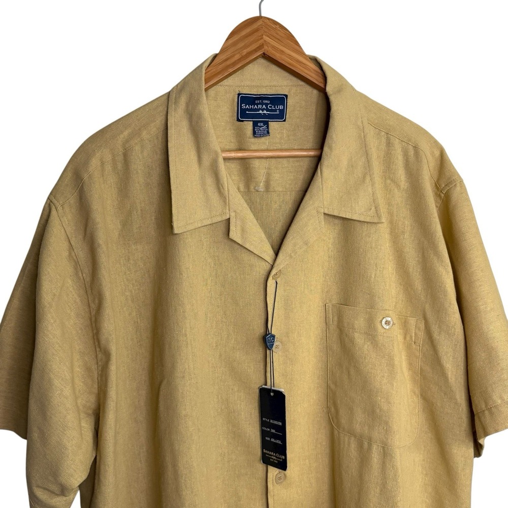 Sahara Club Mens Shirt 4XL Brown Tan Button Up Short Sleeve Linen Collar Beachy - Picture 2 of 10